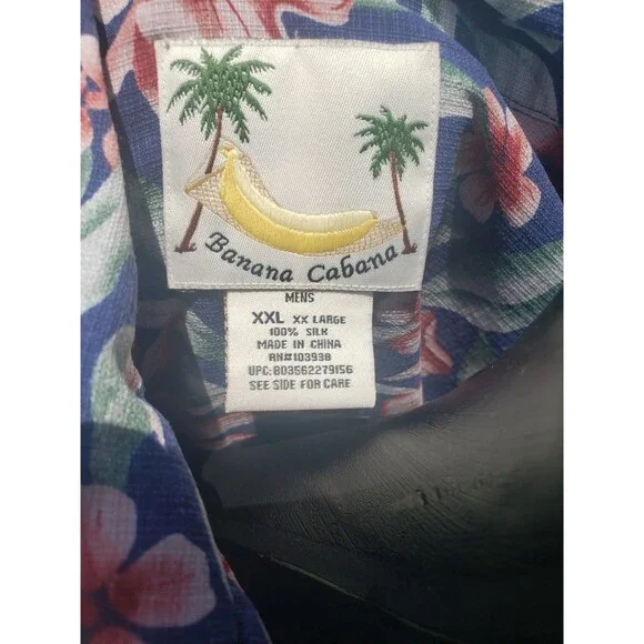 Banana Cabana 100% SILK Mens XXL 2XL Hawaiian Short Sleeve Button Up Shirt Blue - Picture 6 of 14